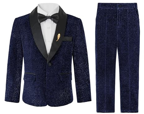 LOLANTA 4-Piece Boys Suit, Kids Navy Formal Tuxedo Suit Set, Boys Glitter Prom Party Suit, Page Boy Wedding Outfit Blazer Trousers Shirt Bow Tie(Navy, 11-12 Years, 160)