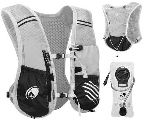 Outplea Chaleco Hidratacion Trail Running, Chaleco Running Hombre Mujer con Bolsa Hidratación 2L, Mochila Moto Hidratacion Reflectante para MTB Ciclismo Maratón, Gris