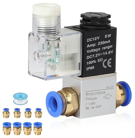 EXLECO Electroválvula Eléctrica 12V DC Válvula Solenoide Neumática 1/4 2/2 Vías con Conector Electrovalvula Neumatica Electrovalvula Pneumatic Válvula de Aire Comprimido 6mm & 10mm Manguera Aire IP65 | Con conector neumático, válvula de aire comprimido, aluminio para sistema de manguera de aire de 6 mm y 10 mm, IP65