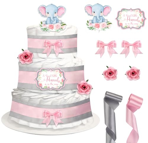 CORNER LACE Baby Shower Pink Elephant Diaper Cake Decorations, Newborn Baby Girl Birthday Party Diaper Cake Supplies Kit, Include Ribbon, Bow Tie, Cake Toppers, Artificial Flowers(Diaper Not Included)