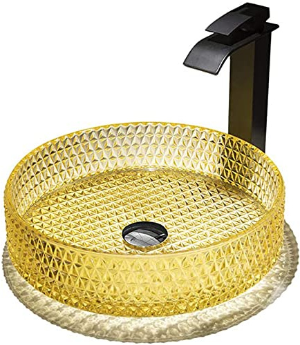 Modern Countertop Basin Round, Washbasin Translucent Tempered Glass with Pop Up Sink Waste Bathroom Sink Bowl, for Bath Remodel,Light Pink,Without Tap (Light Yellow with Tap)