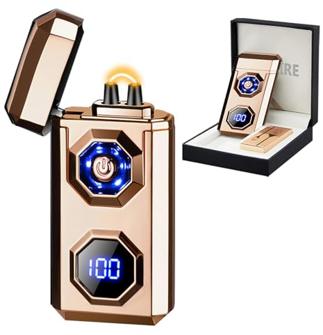 Mechero eléctrico Recargable USB C ARC de Plasma de Alta Potencia, Llama Fresca, Resistente al Viento, electrónico, con Linterna LED, para Velas, Fuegos Artificiales, Varillas de Incienso(Gold)