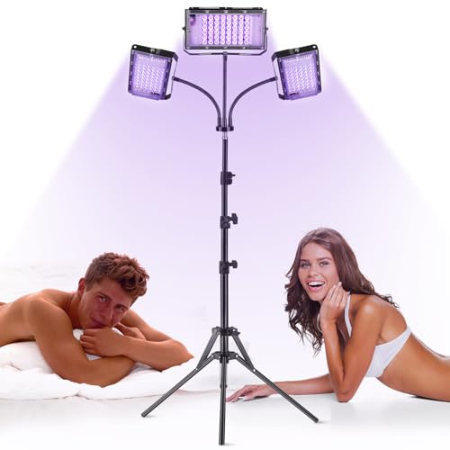 Bräunungslampe Gesichtsbräuner Solarium für Zuhause,3 Lichtköpfe Dreiköpfig Gesichtssolarium für Zuhause Gesicht und Körper mit 144 LEDs Einstellbare Höhe und Winkel Solarien & Bräunungsgeräte,Schwarz