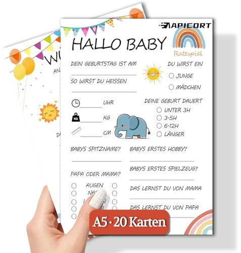 APICORT Babyparty Spiele Karten, Babyshower Spiele Karten zum Ausfüllen | Baby Shower Party Spiel Jungen und Mädchen – Babyparty Ratespiel Karten für Gender Reveal – Beidseitig Bedruckt