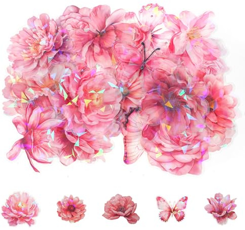 60 Pack Pink Holographic Glitter Butterfly Sticker Set Glitter Shiny Flower Stickers Large Size Flower Stickers Waterproof Decorative Decal for Scrapbooking Journal Planner Bottle Laptop Art Crafts