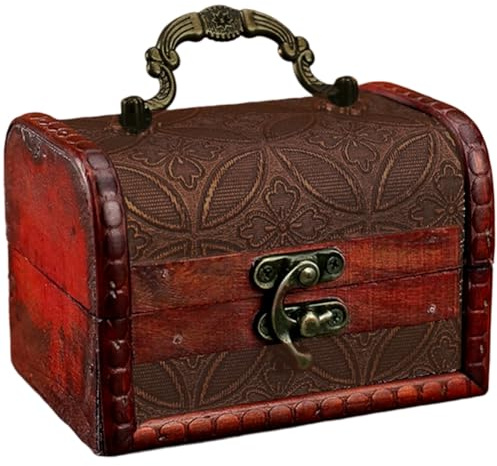 CALFOVERA Pequeño Cofre Del Tesoro de Madera Vintage, Estilo Retro Pirata, Mini Joyero Decorativo Europeo de Cuero Sintético con Asa para Joyas, Perlas, Abalorios, Regalos de Cumpleaños.