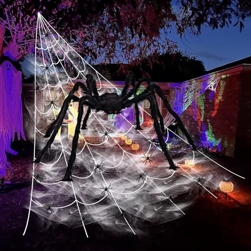 Halloweens Deko Spinnennetz, 700 cm Halloween Spinnennetzs + 90cm Riesen Spinne Halloween + 20 Kleine Spinne + 40g Spinnenweben Deko, Halloweens Spinnennetz Dekoration Set