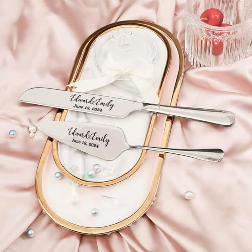 MFCHICIFY Tortenschneide-Set, personalisierbar, graviert, Tortenschneider-Servierset, Hochzeitstorten-Set, Jahrestagsandenken, Hochzeitsgeschenk für Brautparty (Silber)