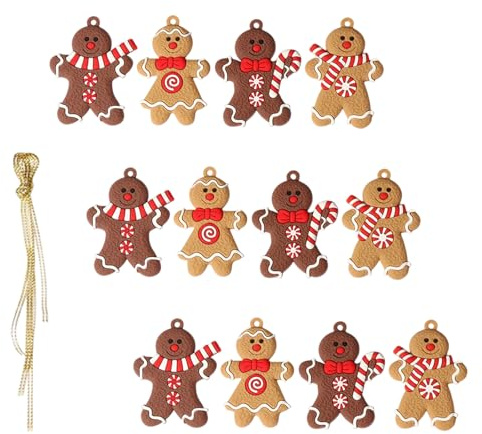 12 Stück Mini Lebkuchenmännchen Deko mit Goldener Weihnachtsseil, Weihnachtsbaumschmuck, Traditioneller Christbaumschmuck für Festliche Dekoration, Weihnachtsbaum Deko