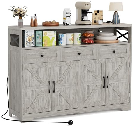 BonVache Sideboard, Küchenschrank mit Schubladen, Aufbewahrungsschrank, Anrichte mit Offenem Regal, Kaffeebar Schrank für Küche, Esszimmer, Wohnzimmer, 130 x 35 x 95cm, Hellgrau