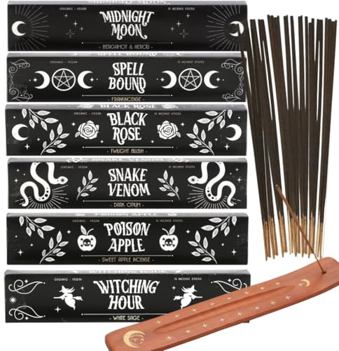 Gothic Incense Mega Pack, 90 Sticks with Holder, 6 Scents: Midnight Moon, Spell Bound, Black Rose, Snake Venom, Poison Fruit, Witching Hour, Vegan Handmade Witch Rituals Altar Spiritual Cleansing