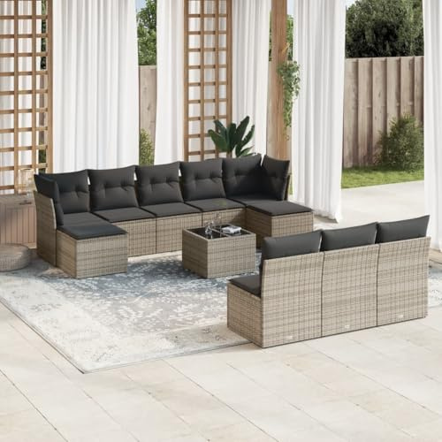 QJBSAVVA 11-teiliges Garten Lounge Set Grau Poly Rattan mit 110 kg Tragkraft Moderne Outdoor Sitzgruppe platzsparend für Balkon Terrasse und Garten