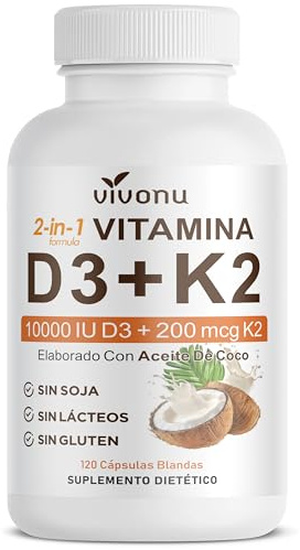 Vitamine D3 K2 | D3 10000 UI avec K2 200 mcg | Soutient l'Absorption du Calcium, et la Santé des Os, du Système Immunitaire et du Cœu | 120 Unité