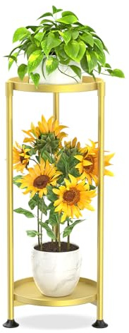 JC-Houser 2 Etagen Metall Pflanzenständer Blumentopfständer für innen und außen, Runder Pflanzständer hoch – stabiler Blumenständer für Balkon, Terrasse, Wohnzimmer, platzsparendes Design, Golden
