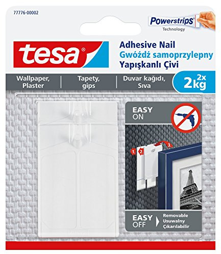 tesa Klebenagel für Tapeten und Putz 2kg - ohne Nägel Bilderaufhänger - 2 Stück Klebenägel und 6 Streifen