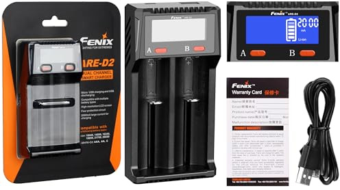 Fenix ARE-D2, 2 fack USB smart batteriladdare inkl. LCD-skärm | snabbladdning | Powerbank-funktion | Laddar Li-ion 10440 14500 16340 18650 21700 26650 & Ni-MH/Ni-Cd AA AAA C | Multiskydd
