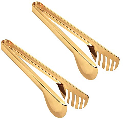 IAXSEE 2-Pack Stainless Steel Gold Salad Tongs, Non-slip & Easy Grip Smart Locking Clip Handy Utensil for Cooking, Serving, Barbecue, Buffet, Salad, Ice, Oven (9.5 Inch)