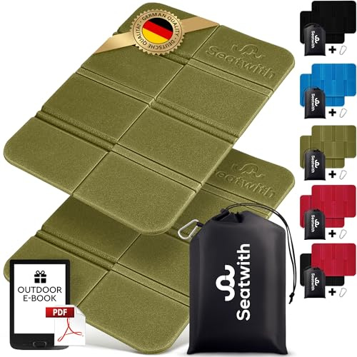 Seatwith 2er Set Outdoor Sitzmatte/Faltbares Iso-Thermo-Sitzkissen mit Tragetasche und Karabinerhacken für ideale Befestigung am Rucksack maximaler Schutz vor Kälte Nässe & Schmutz + Outdoor E-Book
