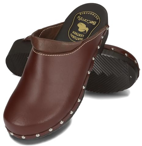 BeComfy Unisex Leder Clogs Damen Holzclogs Herren Echtleder Holzclogs Gartenclogs Holzsohle 35-46 EU (Braun Komfort, EU Schuhgrößensystem, Erwachsene, Numerisch, M, 42)