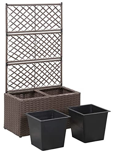 Gecheer Hochbeet mit Rankgitter 2 Töpfe Pflanzkübel Pflanzkasten Blumenkübel Spalier Gartenspalier Rankhilfe Rankkasten Poly Rattan Braun 58×30×107cm