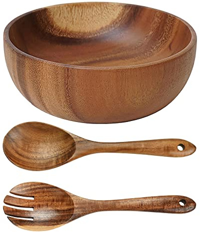 UPTALY Ensaladera de madera de gran tamaño (25 cm x 10 cm), con juego de cuchara y tenedor de madera (26 cm x 6,8 cm), cuenco de madera de acacia, cuencos grandes de madera para servir