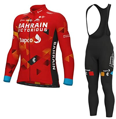 SGCIKER 2022 Team BAHRAIN Winter-Thermo-Fleece-Radtrikot-Set, Langarm-Wärmer für Herren, Fahrradhemd, MTB-Fahrradbekleidung, Trägerhose, 9D-Gelpolster (L)