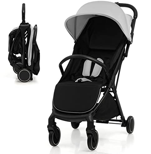 COSTWAY Baby Stroller, Protable Travel Buggy with Detachable Seat Cover, 5-Point Harness, Adjustable Canopy, Backrest and Footrest, One-Hand Fold Infant Pushchair for 0-3 Years (Grey)
