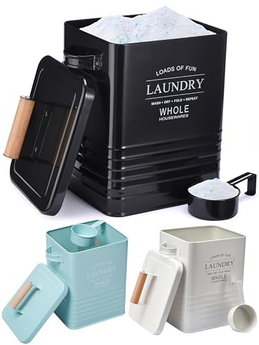 Whole Housewares Laundry Detergent Container - Tin Farmhouse Metal Laundry Powder Soap Dispenser With Scooper, Airtight Lid And Handles - Vintage Soap Pod Holder Storage Bin With Lid And Scent Holders