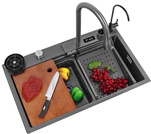 Digitalanzeige Küchenspüle 304 Edelstahl Single Bowl Bar Prep Spüle Mit Wasserhahn Ablaufarmatur Becherglasche Drop In Oder Unter Mount (Color : Gun Grey, S : 68x46x22cm)