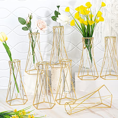 Roshtia 8 Set Gold Flower Vases for Centerpieces Geometric Test Tube Vases