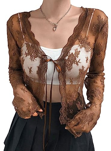 Cardigan Donna Elegante, Coprispalle Sexy Da Donna Elegante In Pizzo Floreale All'Uncinetto Bolero Cardigan Estivo Cravatta Aperta Giacca Leggera Da Donna Maniche Lunghe In Rete Coprispalle Y2K Stre