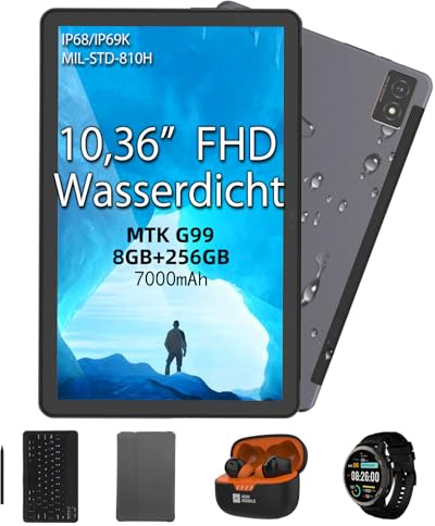 AGM PAD Outdoor Tablet mit Tastatur, Stift, Kopfhörer & Watch, Android 13 10.36 Zoll FHD, 8GB+256GB (2TB), Helio G99, IP68 Wasserdicht Robust, WiFi, 7000mAh, GPS
