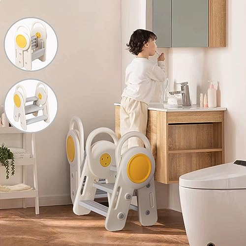 Leogreen Tritthocker für Kinder Faltbar, Höhenverstellbar Tritt-Schemel mit 3 Stufen Kinderschemel Schemel für Baby,Kindermöbel, Lernturm mit Handhaben für Bad, Küche, Kinderzimmer