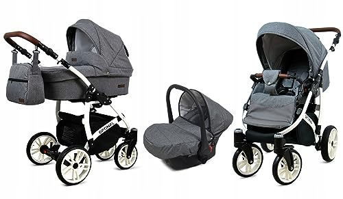 BabyLux® Kinderwagen Set 3 in 1 - Optimal - incl. Babywanne, Buggy Sportsitz, Auto-Babyschale - Autositz - Kinderwagenset - Kombikinderwagen mit Wickeltasche, Regenschutz usw.