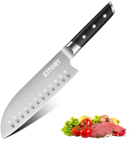 Kitory Santoku Knife 7 Inch- Japanese Style GRANTON BLADE Kitchen Knife -Full Tang Chef Knife - Forged German High Carbon Steel -w/t Gift Box