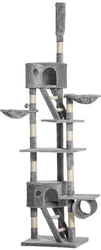 PawHut Floor to Ceiling Cat Tree, 240-260cm Adjustable Height, Light Grey