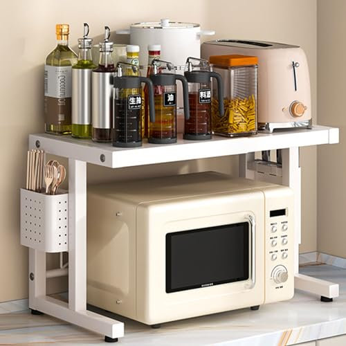 Dxcaicc Microwave Oven Shelf,Extendable 2 Tiers Adjustable Microwave Stand,Baker Rack with Chopstick Holder, Kitchen Storage Rack for Countertop,White,A