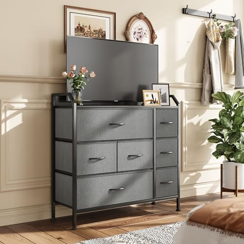CAIYUN Chest of Drawers, Storage Organizer Unit with 7 Fabric Drawers, Storage Drawers Closet for Bedroom, Living Room, Wooden Top & Metal Frame, Black