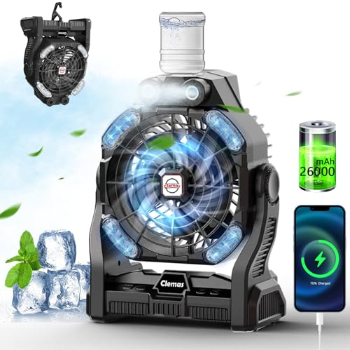 Clemas Grand Ventilateur de Camping avec Brumisateur Rechargeable Portable | Longue Durée Batterie de Table Batterie 14000mAh/26000mAh | RGB LED, Minuteur, Alimentation - Pour Extérieur et Urgences