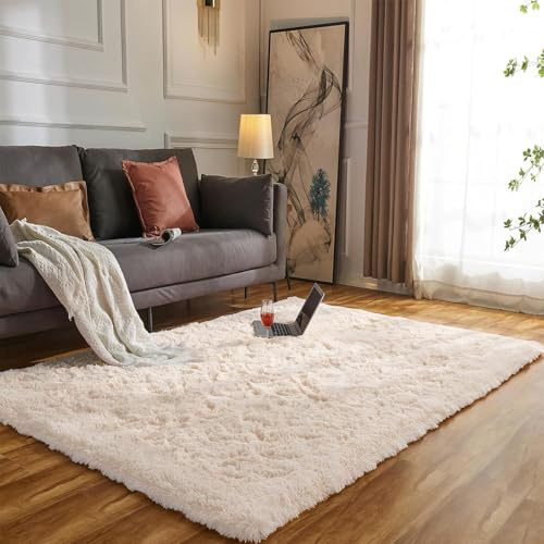 Evitany Flauschiger Teppich Wohnzimmer, Zottelig Teppich Beige, rutschfeste Hochflor Teppiche, Extra Große Teppiche Schlafzimmer, Waschbare Tepich für Büro (Beige,140x200 cm)