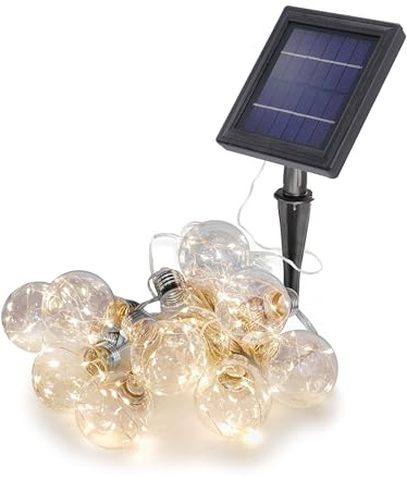 Esotec Solar Lichterkette, 10 Glühbirnen, 100 LED warmweiß outdoor 102188 | Dekol-Lichterkette 100 warmweiße LEDs, 2800K, bis 10Std Leuchtdauer, Dauer- oder Blinklicht, Kabellänge 6,5m, 10 Glühbirnen