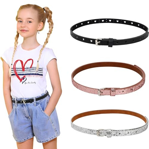 Shengxi 3 Pezzi Cinture Sottili Glitterate in Pelle PU con Paillettes per Ragazze - Regolabile per Vestito e Jeans