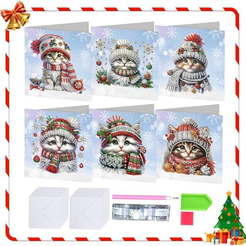 Starnearby DIY Diamond Painting Grußkarten 6 Stück Diamant Painting Weihnachten Karten Weihnachtskarten Set mit Umschlag Strass Handwerk Grußkarte (Katze B)
