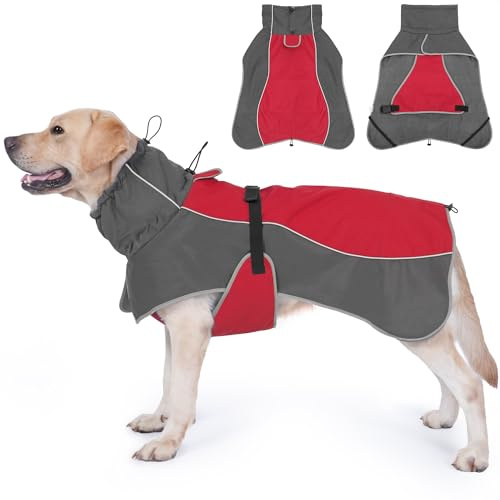 HezzLuv Waterproof Dog Jacket with Reflective Strips, Windproof Winter Warm Coat with Soft Fleece Lining, Adjustable Fit & Harness Hole for Small to Large Dogs Outdoor Camping Hiking in Cold Weather