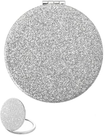 KGDUYC 1 Stück Runder Kompaktspiegel, Glitzer Taschenspiegel, Runder Mini-Makeup-Spiegel, Faltbarer Handspiegel mit 2-seitiger Vergrößerung (1x/2X) für Frauen und Mädchen (Silber)