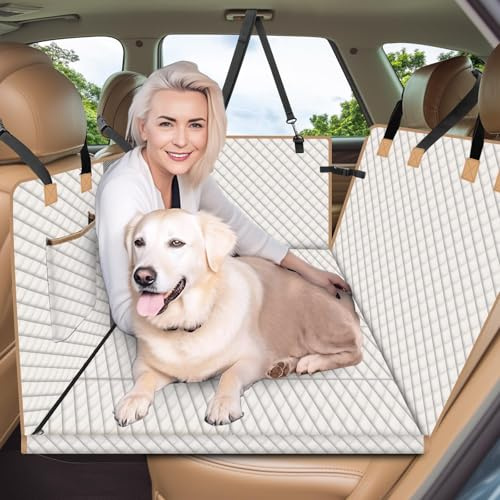 Lekespring Hundedecke Auto Rückbank mit Harter Unterseite, Universal Hundesitzbezug für Auto Rückbank, wasserdichte Kratzfeste Hunde Autositz Rückbank, Beige