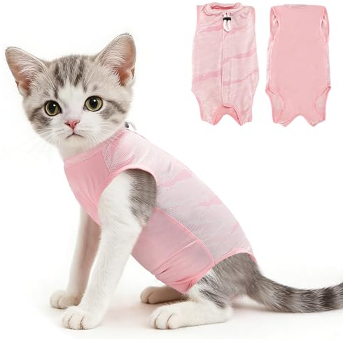 Eyein Katzenbody nach OP, Atmungsaktiver bequemer Erholungsanzug Anti-leckende Katzen-Operationsanzug mit Mesh Design für Katze Body Operation - Katzen Kätzchen E-Halsband Alternative (Hellrosa, S)
