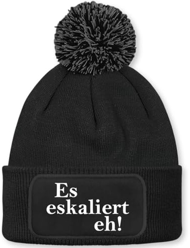 Prozente Momente Es eskaliert eh! – Beanie mit Bommel | Strickmütze | Wollmütze | Beanie mit Druck | lustige Sprüche | Apres-Ski | Winter | Schwarz