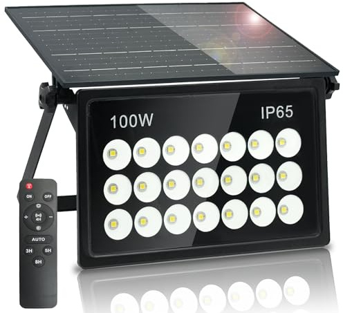 BOSITE Focos Led Exterior Solares 100W, Luz Solar Exterior con Control Remoto, 6500K Lampara Solar Exteriores, IP65 Impermeable Foco exterior solar para Jardín Patio Camino Garaje Calle