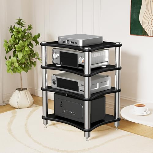 SHZYJBRY Soporte multimedia AV de 4 niveles, estantes y soportes estéreo, gabinete de componentes de video, torre de rack de audio para reproductor de DVD, consola de juegos, caja de TV, enrutador